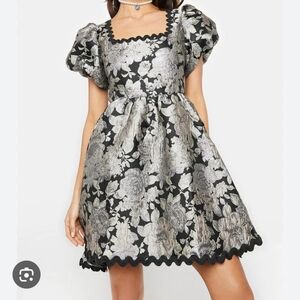 Sister Jane Silver and Black A-Line Puff Sleeve Dress